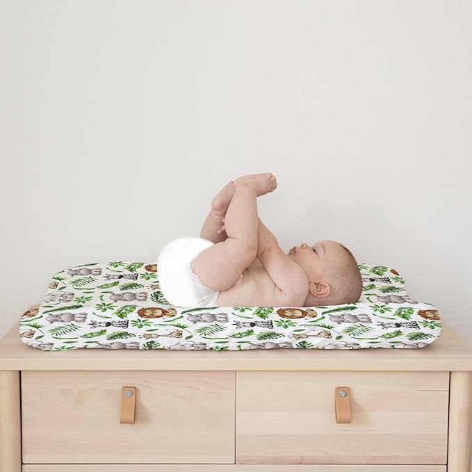 Baby Safari Animals Tropical Leaves Changing Pad Covers Lion Elephant Giraffe Zebra Hippo Diaper Change Table Pad Covers for Girl Boy Soft Breathable Stretch Changing Mat Sheets 32''x16''