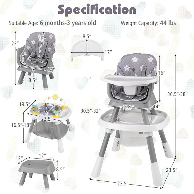 KOTEK 16 in 1 Convertible High Chair, Baby Highchair & Activity Center, Booster Seat, Building Block Table, Toddler Chair with 5-Point Harness, Removable Tray & Cushion (Gray)