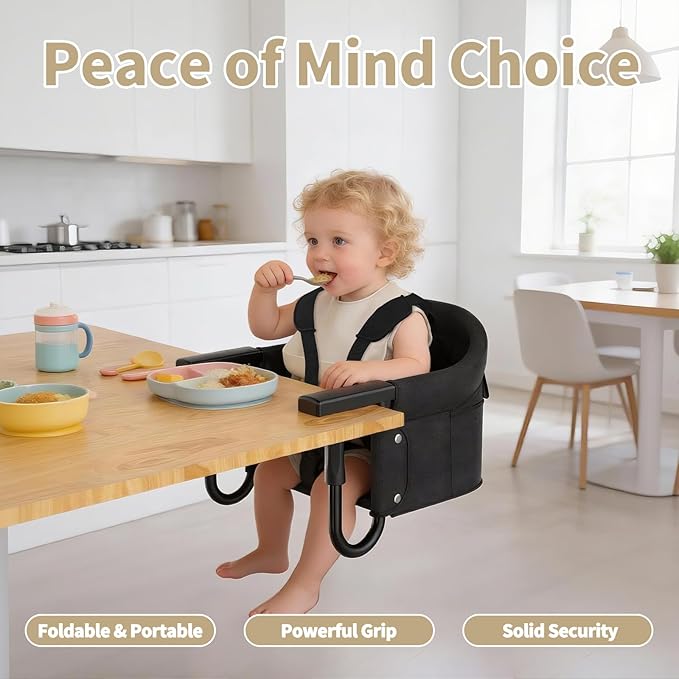 Portable Hook On High Chair for Babies & Toddlers from 6-36 Months,Clip On Baby Seat for Table,Fits Tables 0.8" to 3.5" Thick,Easy Clean Feeding Chair with Carry Bag for Travel,Black