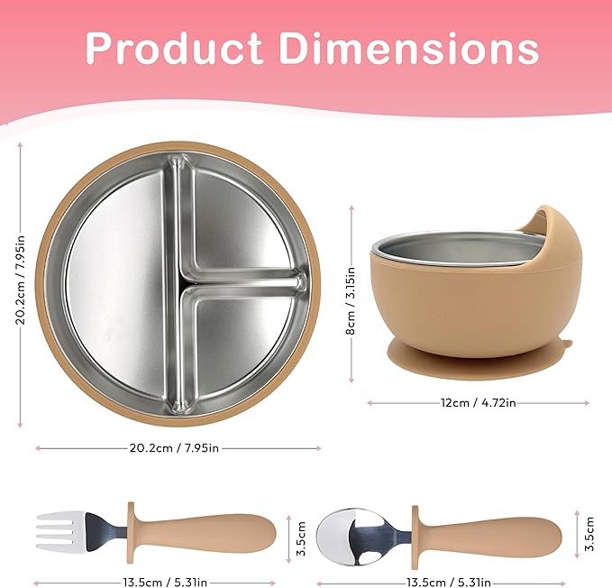MOMERA Stainless Steel Baby Feeding Set | Suction Plate & Bowl with Spoon Fork | Divided Toddler Plate | BPA‑Free, Durable, Easy to Clean