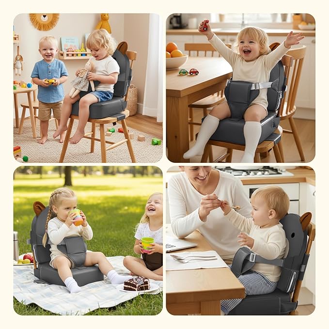 Booster Seat for Kitchen Chair, Toddler Kids Booster Seats for Dining Table with Backrest and Adjustable Strap, Portable PU Waterproof Travel Baby Booster Increasing Cushion (Dark Grey, OneSize)