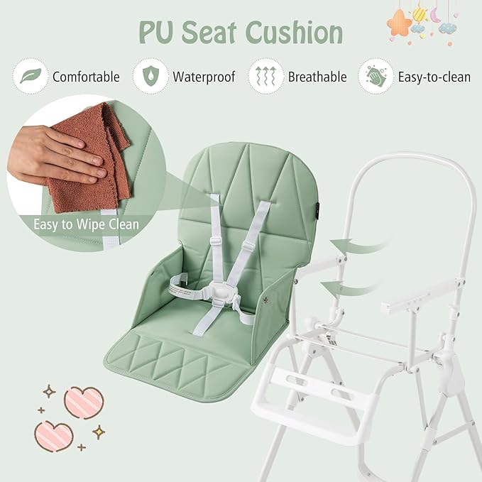BABY JOY Foldable High Chair, Portable Highchairs for Babies and Toddlers with 3-Position Adjustable Tray & Footrest, Removable Seat Cushion, 5-Point Safety Harness, Space Saving Design (Green)