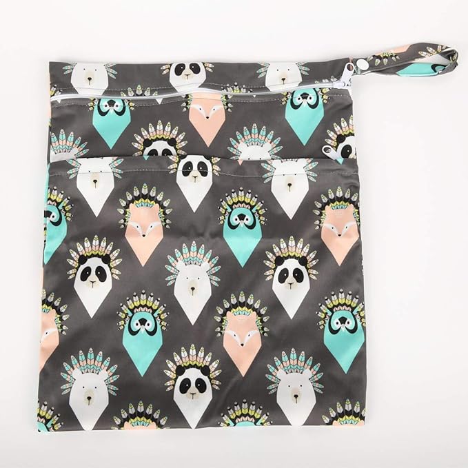 Medium Wet Dry Bag Baby Cloth Diaper Nappy Bag Reusable With Two Zippered Pockets (Native Animal)