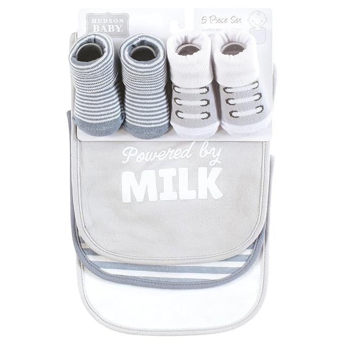 Hudson Baby Unisex Baby Cotton Bib and Sock Set, Powered By Milk, One Size
