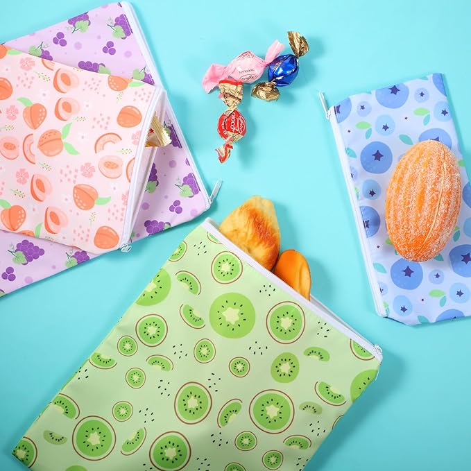 Paterr 4 Pcs Sandwich Bag Reusable Zipper Snack Bags Washable Food Safe Lunch Bags for Kids Students Adults Food (Fruit)