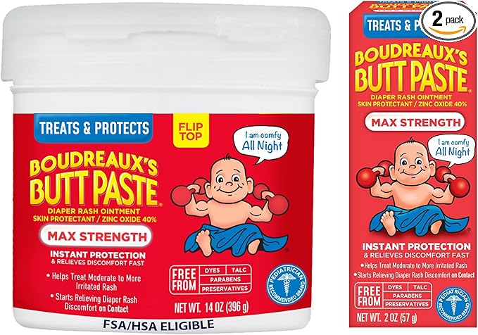 Boudreaux's Butt Paste Maximum Strength Diaper Rash Cream, Diaper Cream for Baby, Fast Relief & Overnight Protection for Moderate to More Irritated Rash, Pediatrician-Recommended, 2 oz & 14 oz