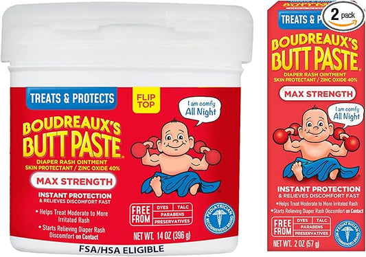 Boudreaux's Butt Paste Maximum Strength Diaper Rash Cream, Diaper Cream for Baby, Fast Relief & Overnight Protection for Moderate to More Irritated Rash, Pediatrician-Recommended, 2 oz & 14 oz