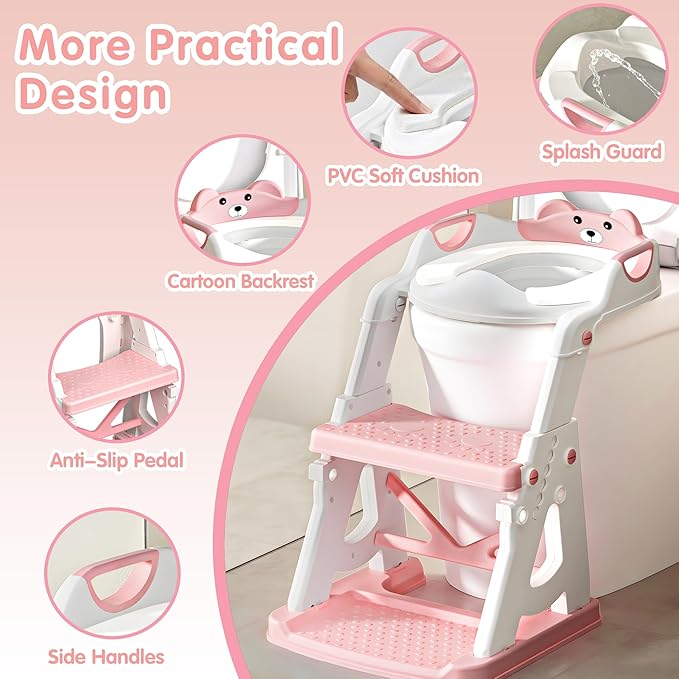 Potty Training Seat, 2 in 1 Potty Training Toilet with Step Stool for Boys Girls, Toddler Toilet Seat with Stabilizer Crossbar, Anti-Slip Pads and Splash Guard, Pink