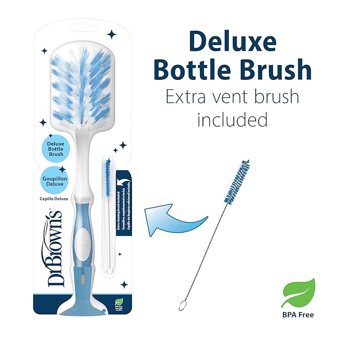 Dr. Brown's Deluxe Bottle Brush for Cleaning Baby Bottles, Nipples, and Sippy Cups with Suction Cup Stand and Vent Brush, BPA-Free, Blue, 1-Pack (Packaging and Color May Vary)