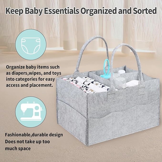 2 Pack Diaper Caddy Organizer, Portable Baby Caddy Organizer with Handle, Collapsible Nursery Storage Bin and Gift Baskets for Girls and Boys - Newborn Essentials, Baby Shower Gifts (Gray)