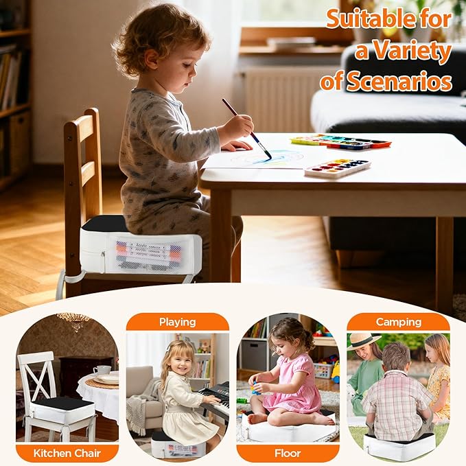 Booster Seat for Kitchen Chair, 3.8" Toddler Booster Seats for Dining Table with Ties, PU Dining Booster Seat with Side Pockets, Non-Slip & Removable Booster Seat for Table Increasing Cushion (Black)