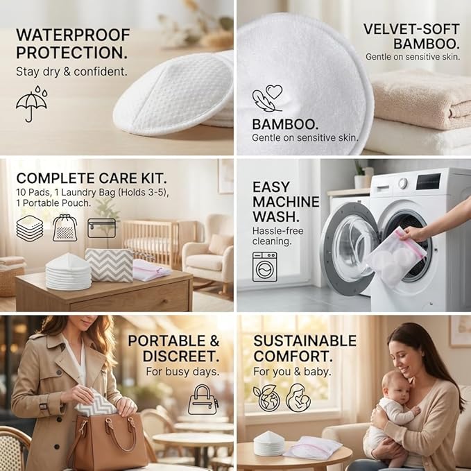 Reusable Nursing Pads with Washing Bags - 10-Pack Viscose from Bamboo Breastfeeding Pads, Washable Organic Maternity Nipple Pads (L 4.72") (3 Layer Anti-Slip, Anti-Slip Particles)