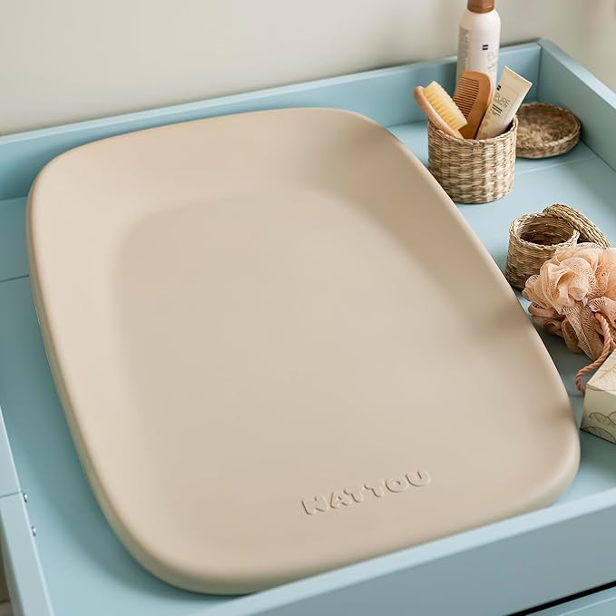 Nattou Softy Changing Pad - Wipeable Baby Changing Mat- Durable, Water-Resistant, Cocoon Shape with Honeycomb Bottom Grips BPA-Free, Assimilates Room Temperature - Beige