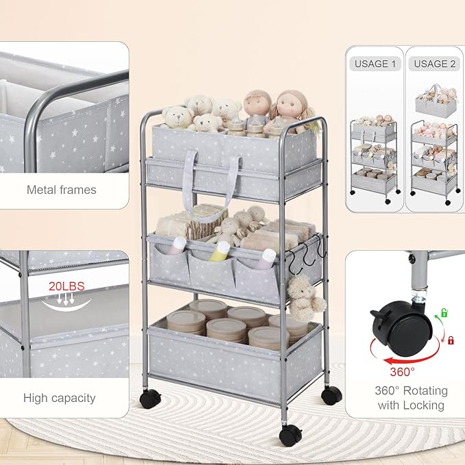 Yookeer 2in1 Baby Diaper Caddy Organizer Cart 3 Tier Large Capacity Metal Utility Bedside Rolling Cart with Divider Newborn Registry Gift Nursery Essential Must Have Bedroom Baby Shower(Gray,Star)