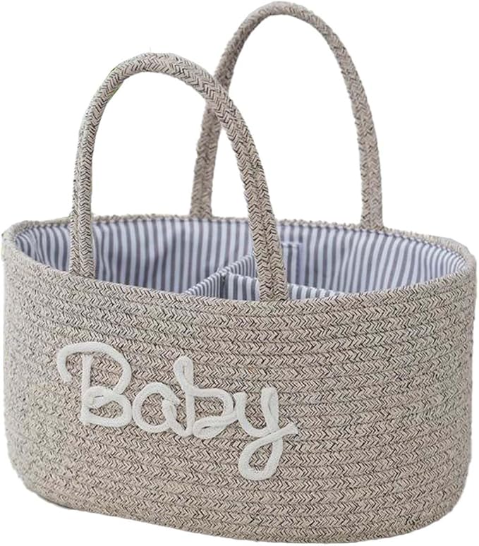 Diaper Caddy Organizer for Changing Table, Cotton Rope Baby Storage Basket for Diaper Wipes, Car Caddy Organizer, Nursery Diaper Organizer With Divider, Portable Diaper Storage -Brown