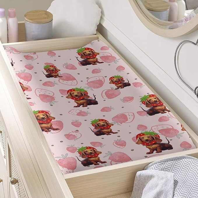 Strawberry Wiener Dog Baby Changing Pad Cover Ultra Soft Stretchy Diaper Changing Table Pad Cover for Girls Boys Breathable Nursery Changing Table Sheets Cover