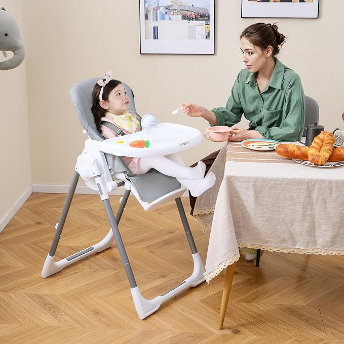 BABY JOY Foldable High Chair, Portable Highchairs for Babies and Toddlers with 7 Heights, 5 Recline Positions, Adjustable Foot Rest, Double Removable Tray & Built-in Wheels (Light Gray)