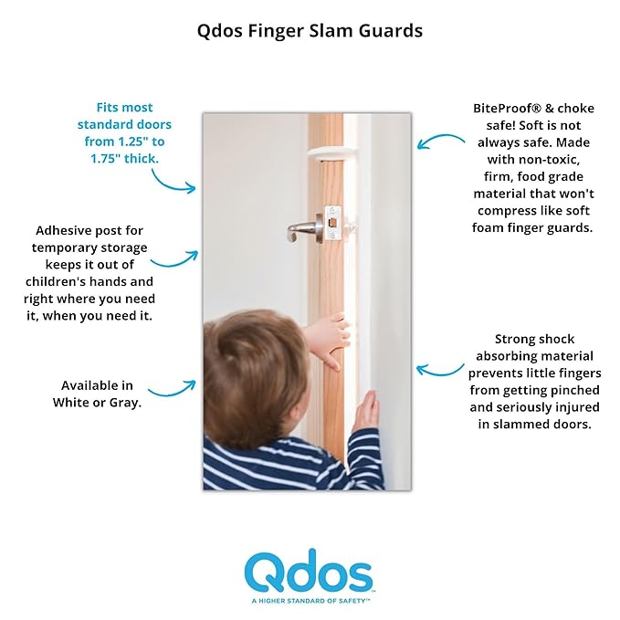 Qdos Safety Finger Slam Pinch Guard | White | Guaranteed NOT to compress or fall off like other products - Protect Fingers from Slamming Doors - Bite Proof & Choke Safe - Food Grade Material | 2 pack