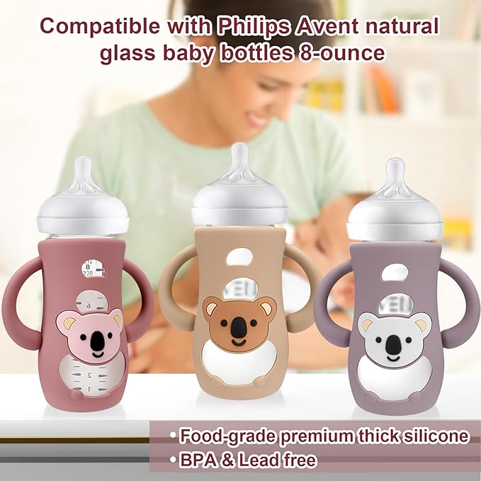 Juome Silicone Sleeves with Handles for Avent Natural Glass Baby Bottle - 3 Pack Koala Shape Anti Breakage Baby Bottles Holder, Compatible with Philips Avent Anti Colic Baby Bottles 8 oz