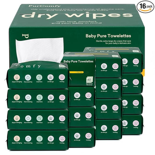 PurComfy Baby Dry Wipes for Newborn, 16 Pack Plant-Based & Hypoallergenic Disposable Cloths for Baby Diaper Changes, Meal Time & Runny Noses, Use Wet or Dry, Total 960 Count