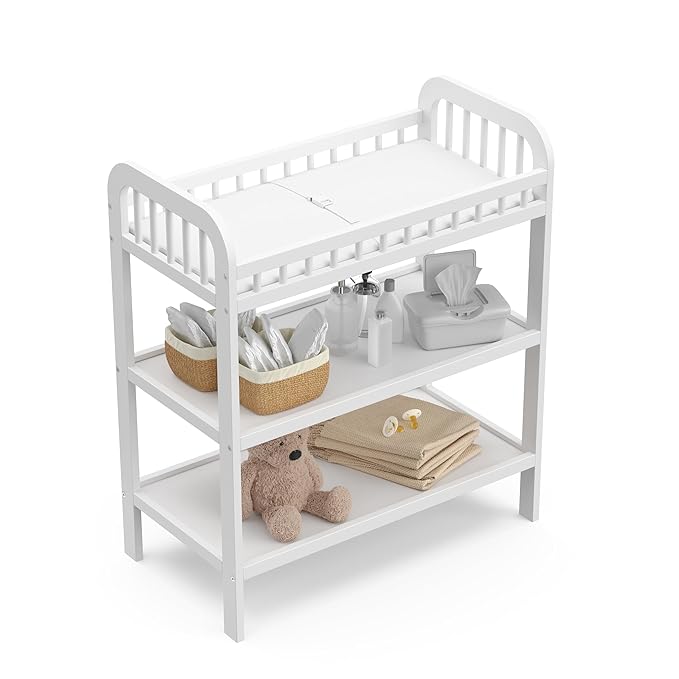 Storkcraft Pasadena Changing Table with Water-Resistant Changing Pad (White) - GREENGUARD Gold Certified, Includes Bonus Water-Resistant Changing Pad with Safety Strap, 2 Open Shelves
