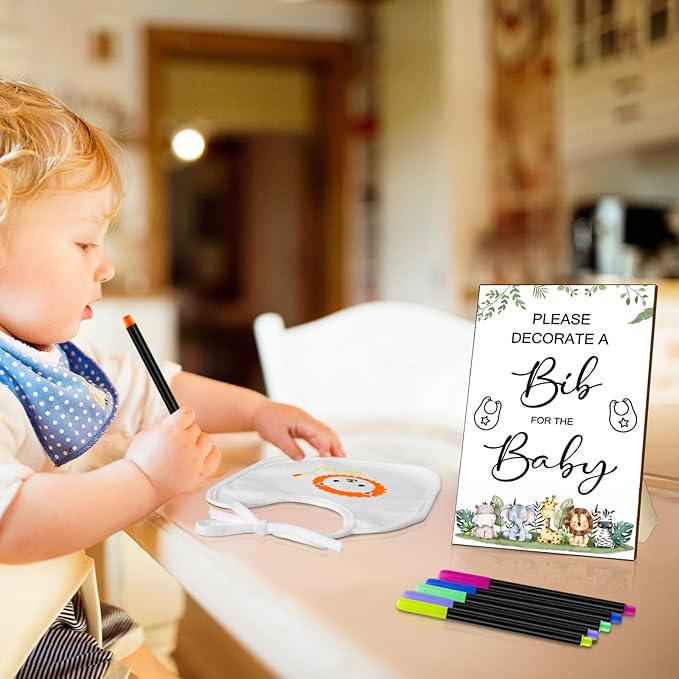 SytuHe 95 Pcs DIY Baby Bibs Decorating Kit50 White Bibs 24 Stencils 20 Fabric Markers 1 Baby Shower Game Sign