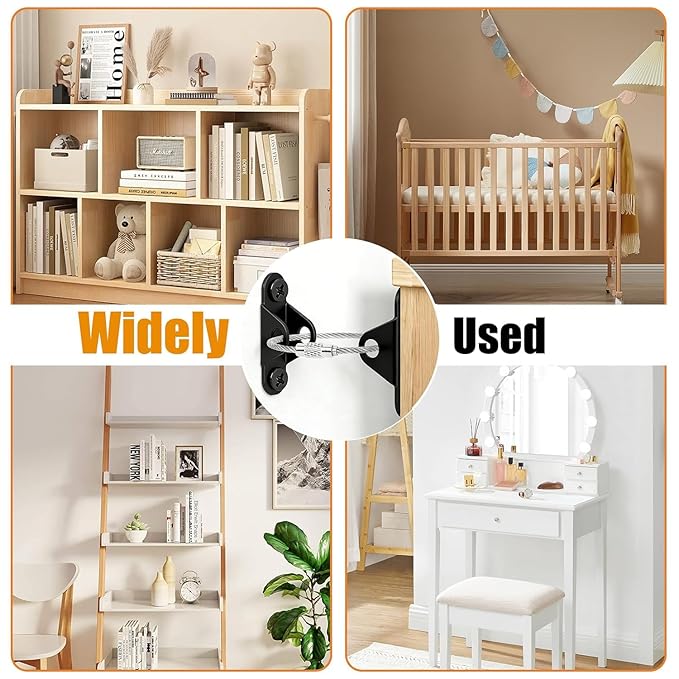 6-Pack Furniture Anchors for Baby Proofing, Anti Tip Straps Safety Kit to Prevent Dresser, Bookshelf, Cabinet from Tipping Over for Child & Pet Safety (Black)
