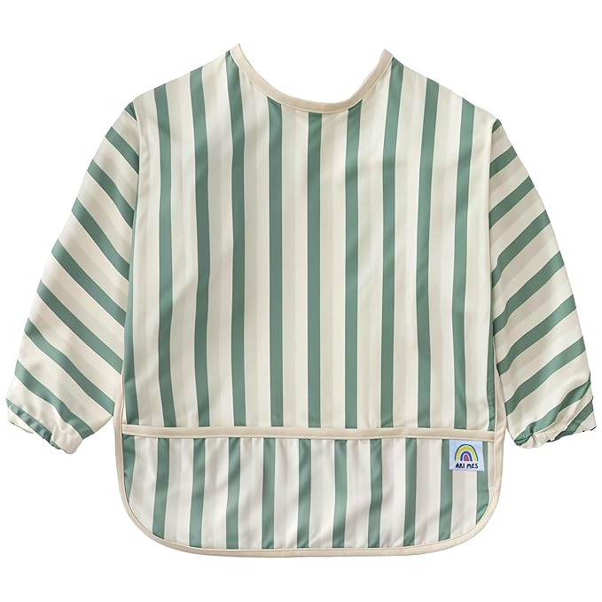 ARI MES Waterproof Long Sleeve Baby Bib for Eating-Green Stripes Pattern, Large-Toddler Smock with Catch-All Pocket, BPA Free, Machine Washable, Wearable Feeding Bib for Boys & Girls 6-72 Months
