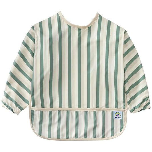 ARI MES Waterproof Long Sleeve Baby Bib for Eating-Green Stripes Pattern, Large-Toddler Smock with Catch-All Pocket, BPA Free, Machine Washable, Wearable Feeding Bib for Boys & Girls 6-72 Months