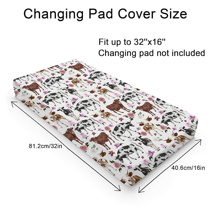 Cute Cows Changing Pad Covers Watercolor Cows Boho Floral Baby Nursery Diaper Changing Pad Sheets for Boys Girls Ultra Soft Breathable Stretch Changing Table Mat Sheets Cover 32''x16''