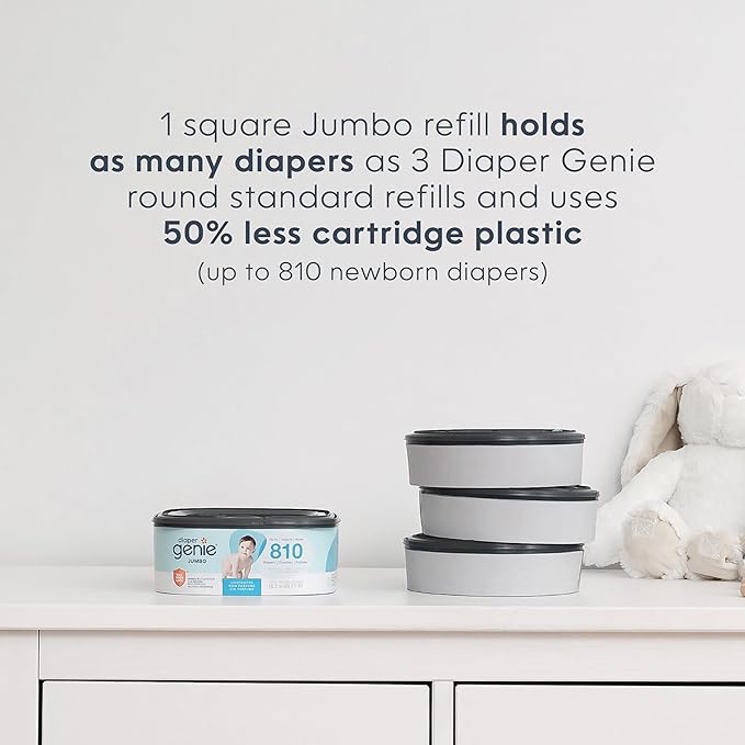 Diaper Genie Refill, Jumbo Square | Continuous Film | Holds 810 Newborn Diapers | Pack of 4