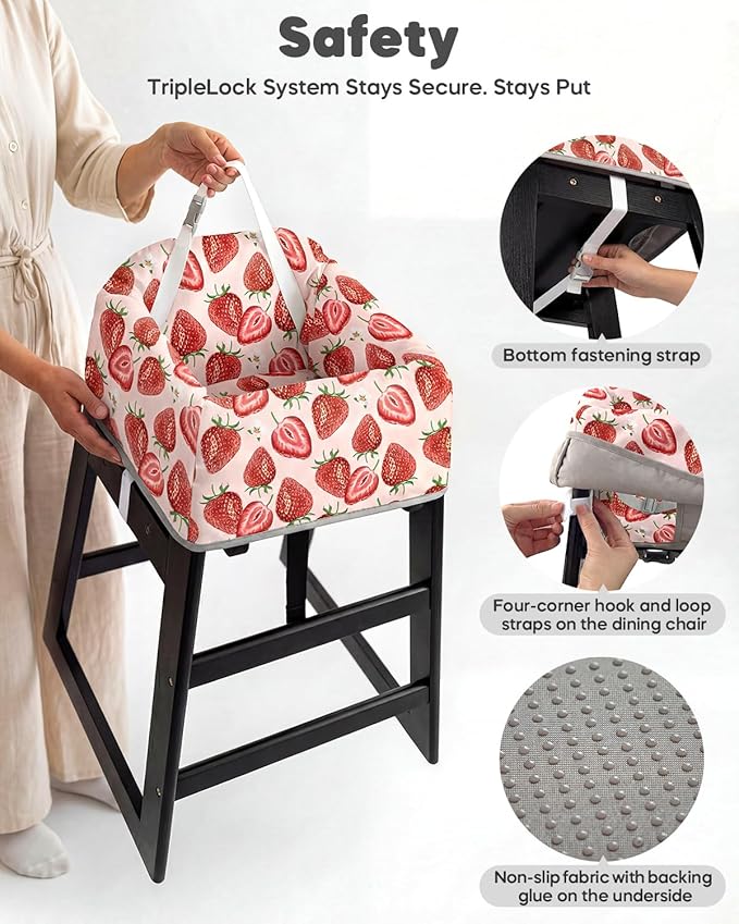 Mamatepe Baby High Chair Cover Restaurant with Strap Pads & 2-Point Harness - Machine Washable, Waterproof, Portable for Restaurant/Travel/Home - Fits High Chairs, Red Strawberry