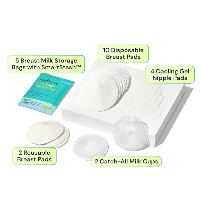 Willow - Breastfeeding Care Kit - Includes Catch- All Cups, Gel Nipple Pads, Resusable & Disposable Breast Pads - Free Feeding Course & Lacation Support - Breastfeeding Essentials for Postpartum