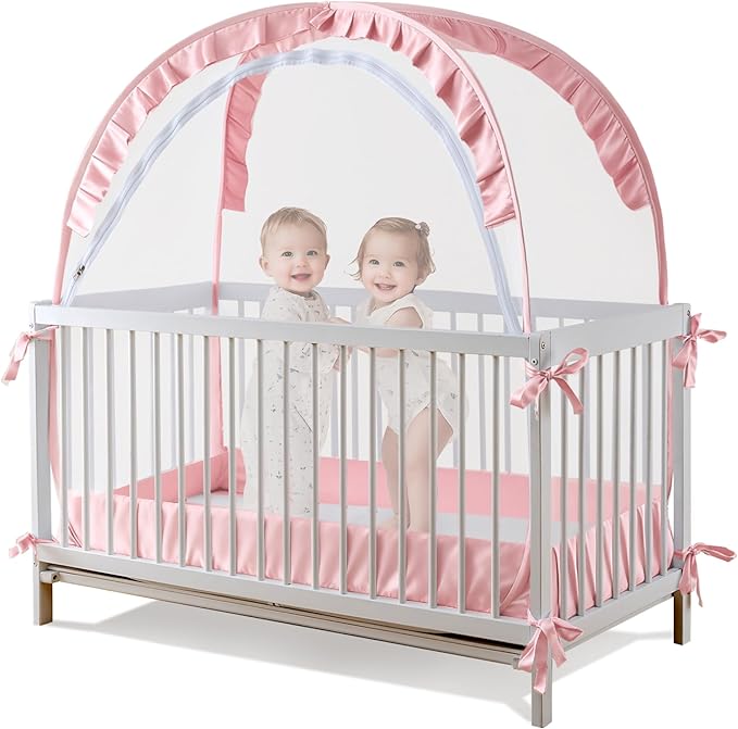 Lazyzzzz Crib Tent - Pop Up Crib Canopy with Double Zipper Self-Locked, Mosquito Net Mesh Crib Net to Keep Baby from Climbing Out, Portable Easy Install 55" L x 27" W x 51" H Pink