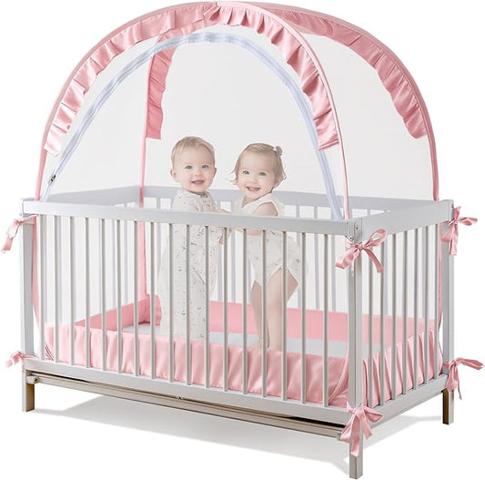 Lazyzzzz Crib Tent - Pop Up Crib Canopy with Double Zipper Self-Locked, Mosquito Net Mesh Crib Net to Keep Baby from Climbing Out, Portable Easy Install 55" L x 27" W x 51" H Pink