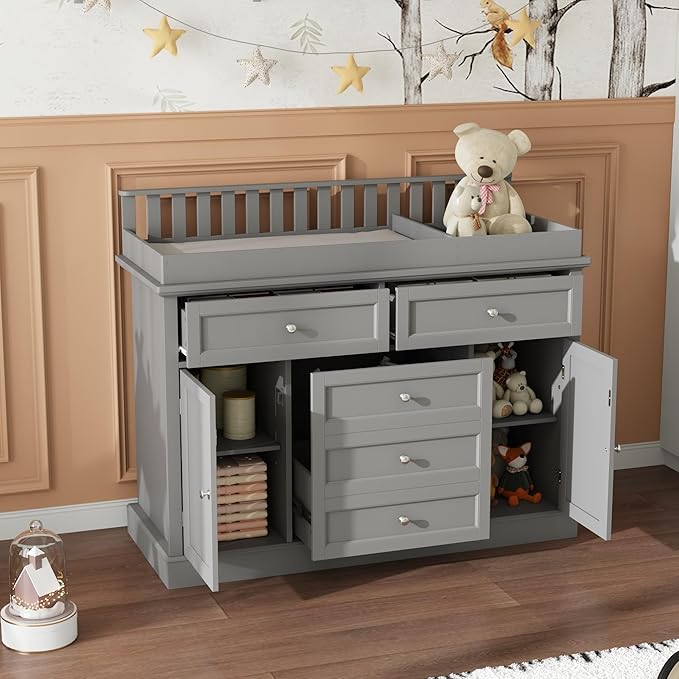 Nursery Dresser with Changing Table Top, 46" W Baby Dresser with 2 Drawers, Laundry Basket & Raised Guard, Infant Diaper Changing Storage Organize Station for Nursery and Baby Bedroom, Grey