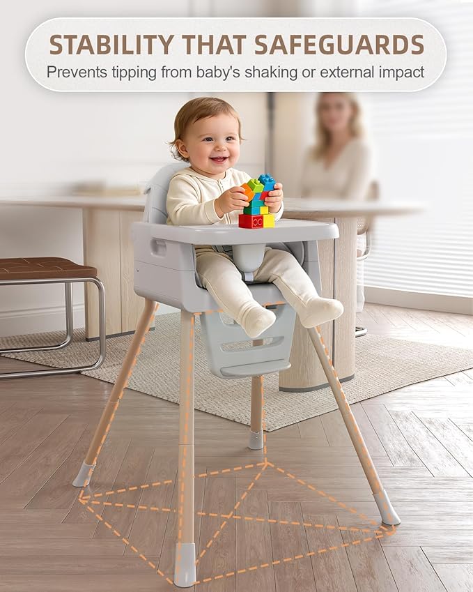 Baby High Chair for 6 Months+, Foldable High Chairs for Babies and Toddlers, Convertible High Chair, Adjustable Tray & Footrest, Portable High Chair & Easy to Clean(Grey with Wood Grain)