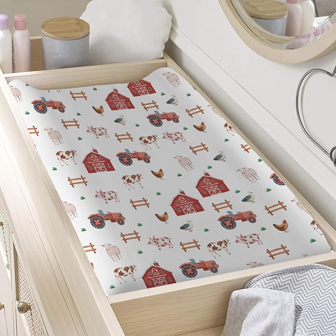 Farm Animals Life Changing Pad Cover Farmhouse Truck Barn Pig Cow Lamb Hens Ducks Baby Diaper Change Table Sheets for Boy Girl Soft Stretchy Fitted Changing Table Mats 32''x16''