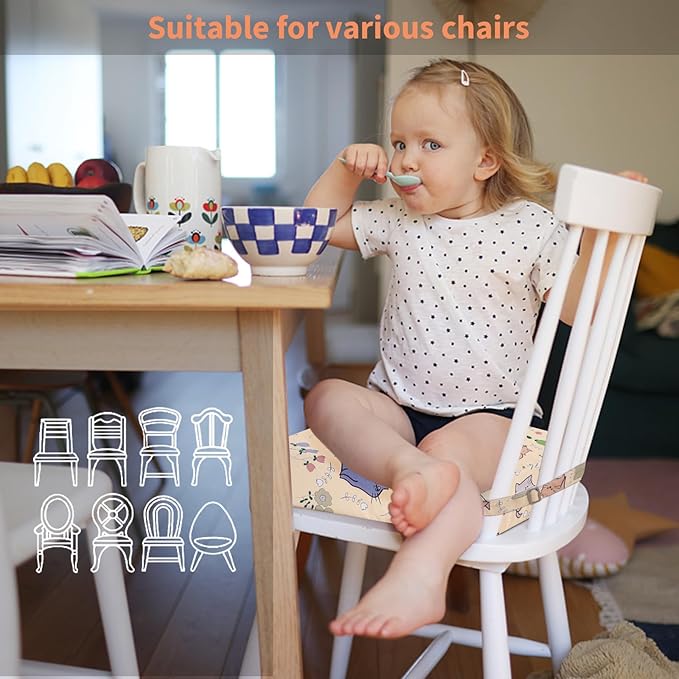Booster Seat for Dining Table, Stronger Support Double Safe Straps Booster Seat for Kitchen Chair, Non-Slip Bottom Portable Travel Chair Cushion for Kids (Beige Cat)