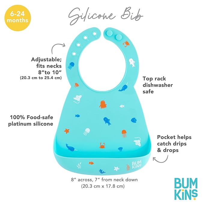 Bumkins Bibs, Silicone Pocket for Babies, Baby Bib for Girl or Boy, for 6-24 Months Up to Toddler, Essential Must Have for Eating, Feeding, Baby Led Weaning Supplies, Mess Saving, Ocean Life Blue