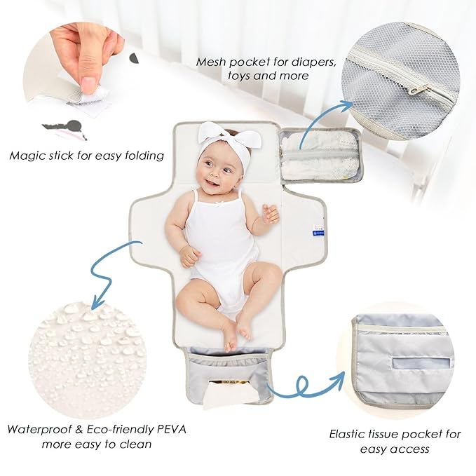 Pink Bow Portable Diaper Changing Pad - Waterproof Foldable Baby Diaper Changing Pad with Built-in Pillow, Travel Diaper Changing Mat for Newborn Baby