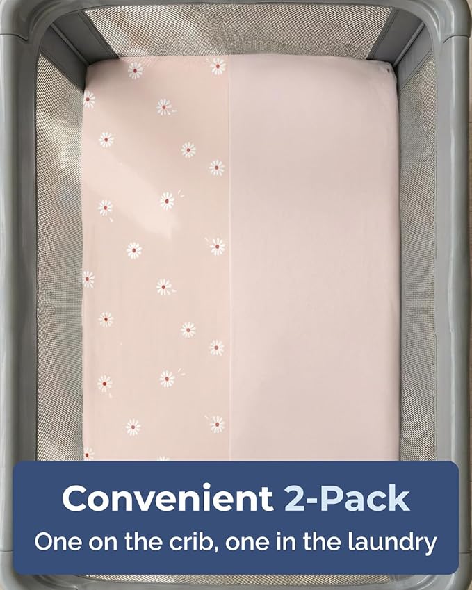Pack and Play Sheets Fitted - 2 Pack Mini Crib Sheets for Pack N Play Mattress - Unisex Playard Microfiber Bedding for Boys & Girls - Soft, Breathable & Wrinkle Free - Oeko-Tex, 38 x 26in - Daisy's