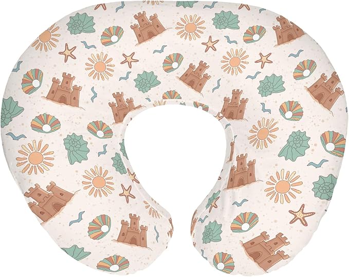 Boho Beach Summer Baby Nursing Pillow Covers for Boy Girl Retro Seaside Holiday Nursery Slipcovers for Breastfeeding Pillows Sun Seashells Castle Soft Stretchy Removable Cover for Newborn Infant