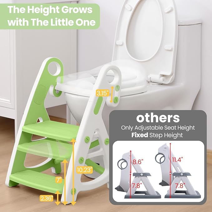 Potty Training Seat, Primlect Upgrade Ultra-Stable Toddler Toilet Seat for Kids Boys Girls, 2 in 1 Potty Training Toilet with Step Stool, Adjustable Seat and Ladder, Non-Slip Pad, Splash Guard (Green)