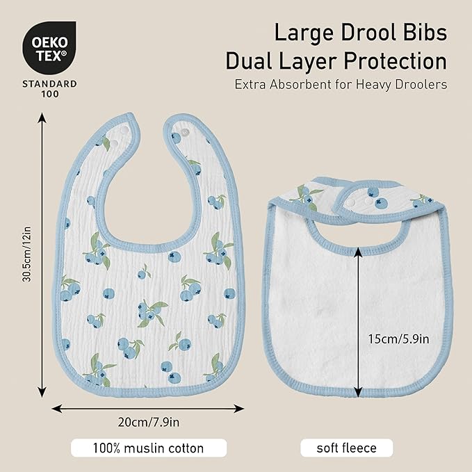 GLLQUEN BABY Muslin Drool Bibs for Boys Girls 6 Pack, Adjustable Baby Bibs for Drooling and Teething, Soft Cotton Baby Bandana Bib for Newborn Feeding Essentials (Azure Berry Dream)