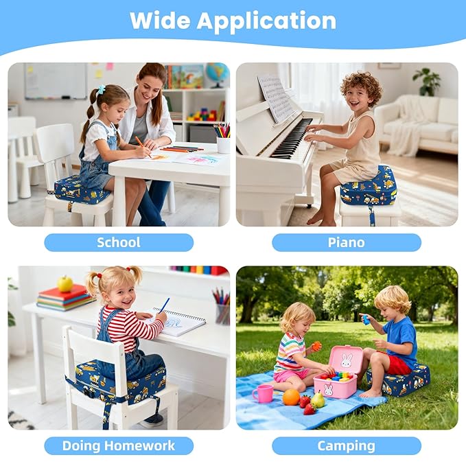 Toddler Booster Seat for Dining Table Kitchen Chair, Kids Booster Seat with Non-Slip Bottom and Adjustable Straps, 4" Detachable Washable Portable Travel Increasing Cushion (Excavator)