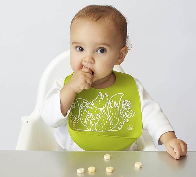 modern-twist Bucket Bib 100% plastic free silicone, waterproof, adjustable, dishwasher safe, Green Foxes