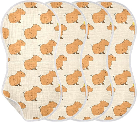 Muslin Burp Cloths for Baby Boys and Girls - 4-Pack Ultra Absorbent Cute Capybara Muslin Washcloths, Newborn Towel, Milk Spit Up Rags, Burp Cloth Bib for Unisex, 22 x 11 Inch