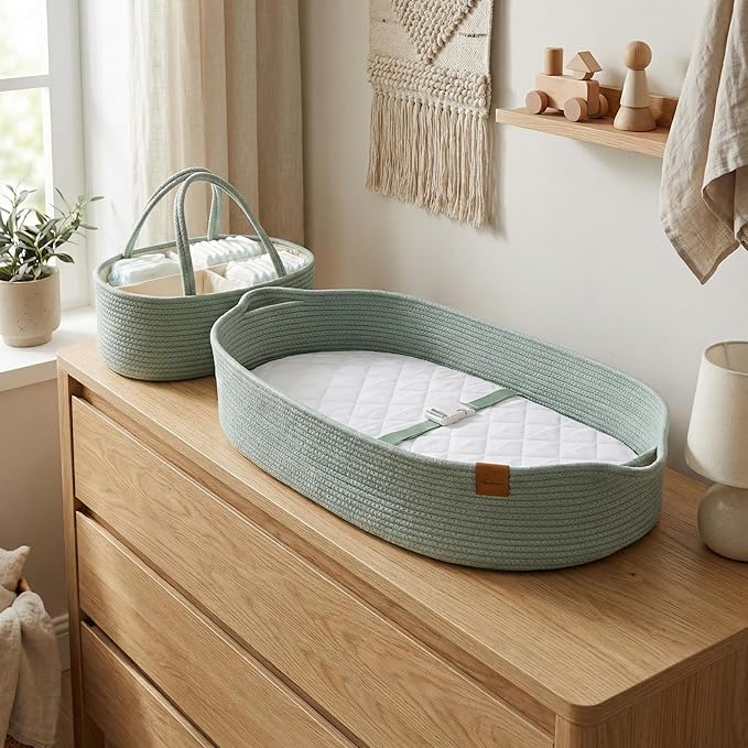 Baby Changing Basket for Baby Dresser, Moses Basket for Babies, Cotton Rope Diaper Changing Basket, Unisex Baby Moses Basket, Foam Diaper Changing Pad for Dresser, Changing Table Topper for Dresser