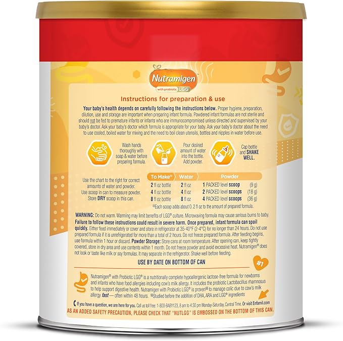 Enfamil Nutramigen Hypoallergenic Baby Formula+ Iron,Lactose Free,Colic Relief from Cow's Milk Allergy Starts in 24 Hours,Brain Building DHA,Probiotic LGG for Immune Support, 27.8 Oz Can (Pack of 2)
